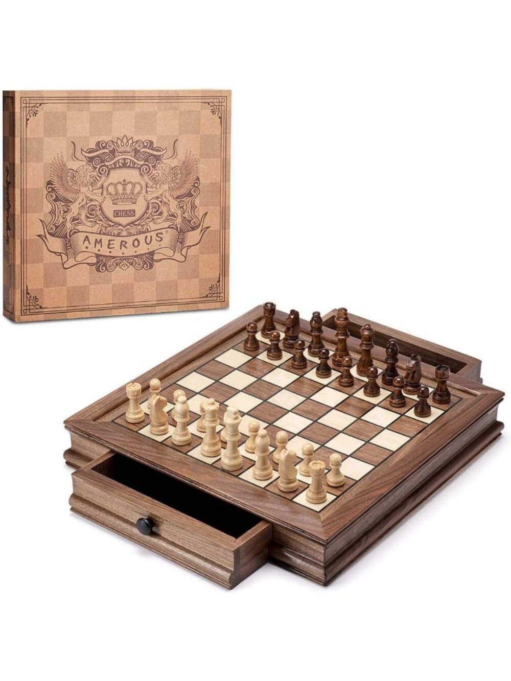 Magnetic Wooden Chess Set 12.8" Walnut Board Game with Storage Drawers & Extra